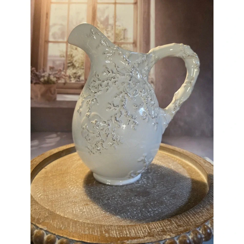 Vintage Italian Style Ceramic Floral‎ Embossed Pitcher Farmhouse Creamer Vase
